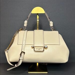Karl Lagerfeld Dara Satchel Leather Beige Shoulder Bag with Gold Accents